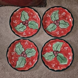 *4* Studio 33 Ceramic 11" Hand Painted Christmas Holly Red Green Dinner Plates.